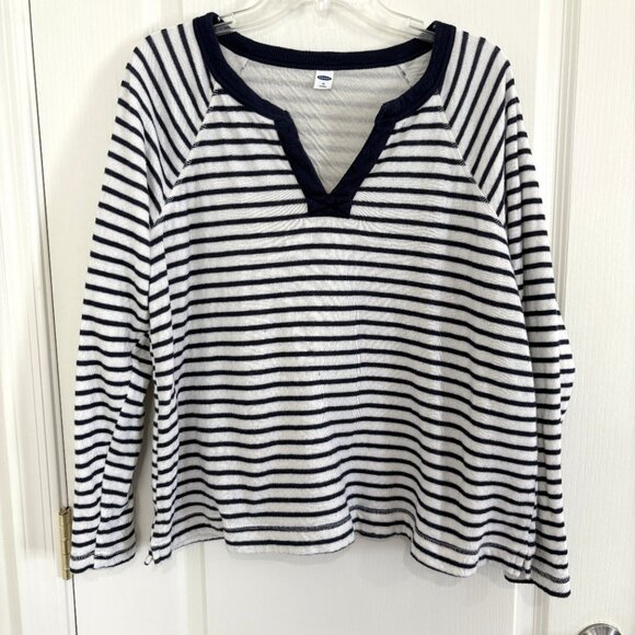 Old Navy Stripe Loose Split Neck Top Jersey Knit Raglan Sleeve Navy Blue Size XL - Picture 3 of 6